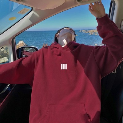 重磅纯棉酒红色卫衣男款秋冬季加绒加厚连帽上衣潮牌大码帽衫外套