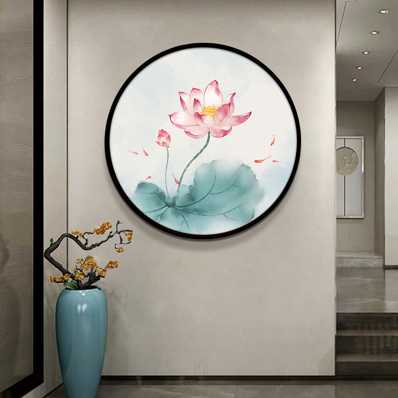 热销荷花装饰画圆形挂画新中式客厅F玄关图墙面背景墙茶室禅意莲