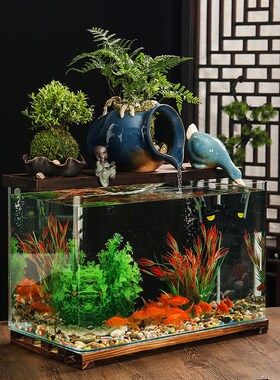 热销新款懒人鱼缸摆件循环流水过滤桌面鱼缸超白缸V客厅办公室电