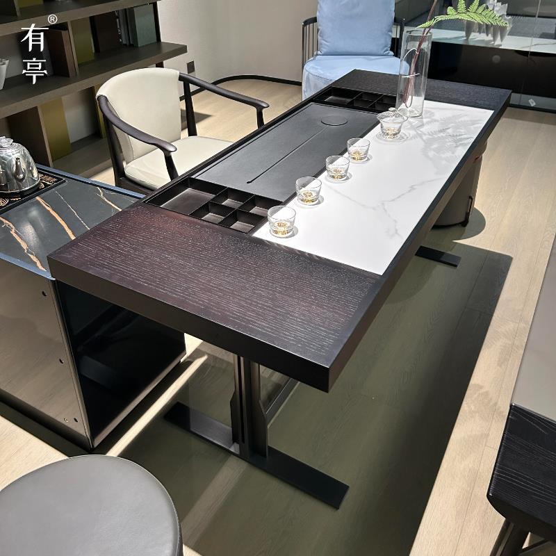 有亭新中式实木茶桌椅组合家用简约风茶水桌办公岩板收纳格泡茶台