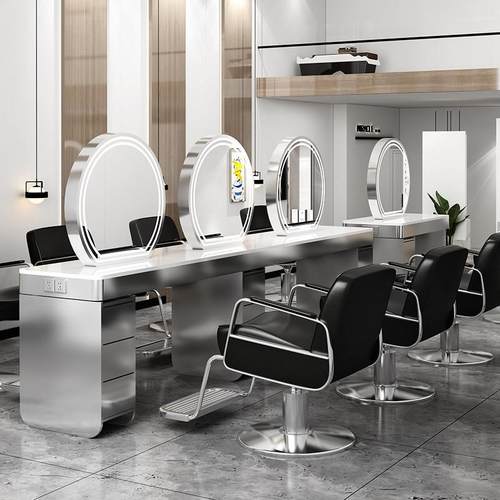 网红美发店烫染镜台发廊专用不锈钢带柜美发镜理发店带灯双面镜子