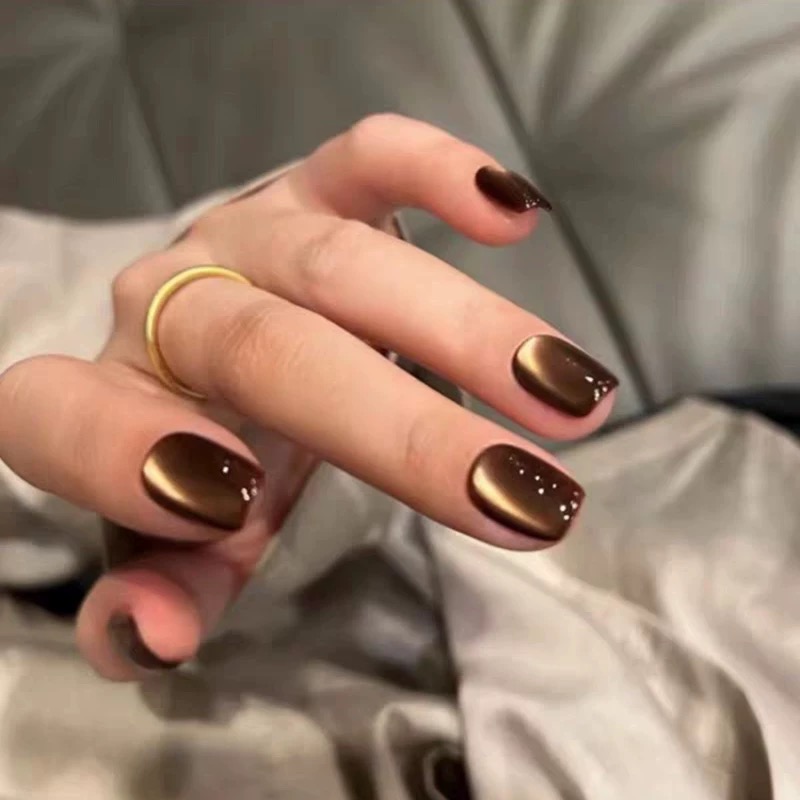 【水光棕】2025新款纯手工穿戴甲秋冬美拉德焦糖玻璃珠猫眼美甲