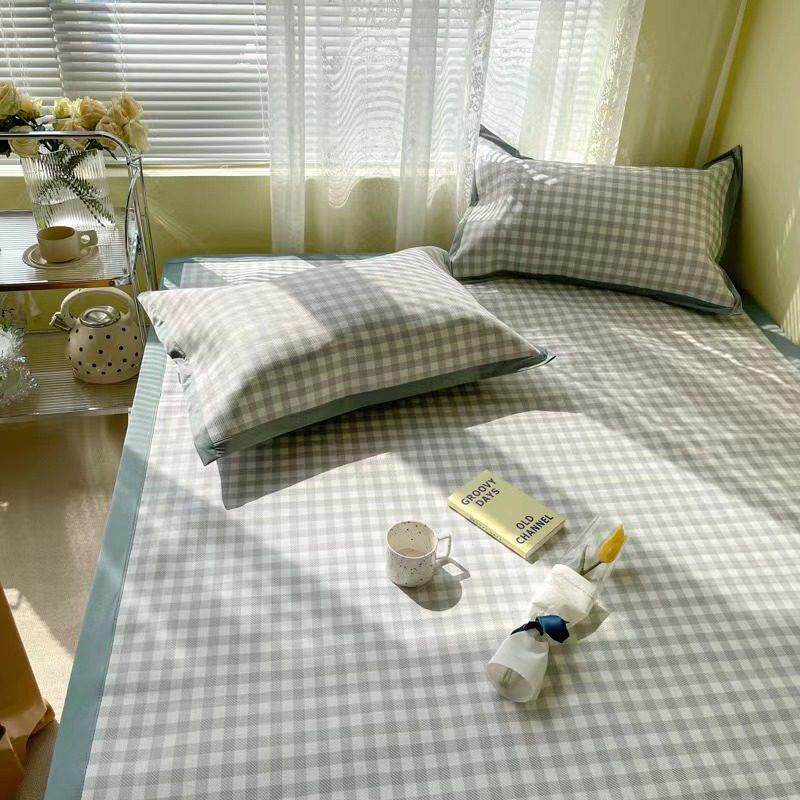 ins冰藤席小灰格子夏凉席三件套可水洗1.5m1.8米空调凉席夏季冰丝,床上用品,藤席,淘宝优惠券,粉丝福利购,淘宝优惠卷