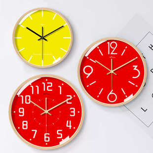 天波石英钟挂表现代简约大气创意实木挂钟客厅红色时尚静音时钟表