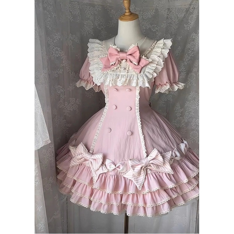 粉色条纹甜lo千层蛋糕裙lolita裙古早洛丽塔可爱甜美公主裙