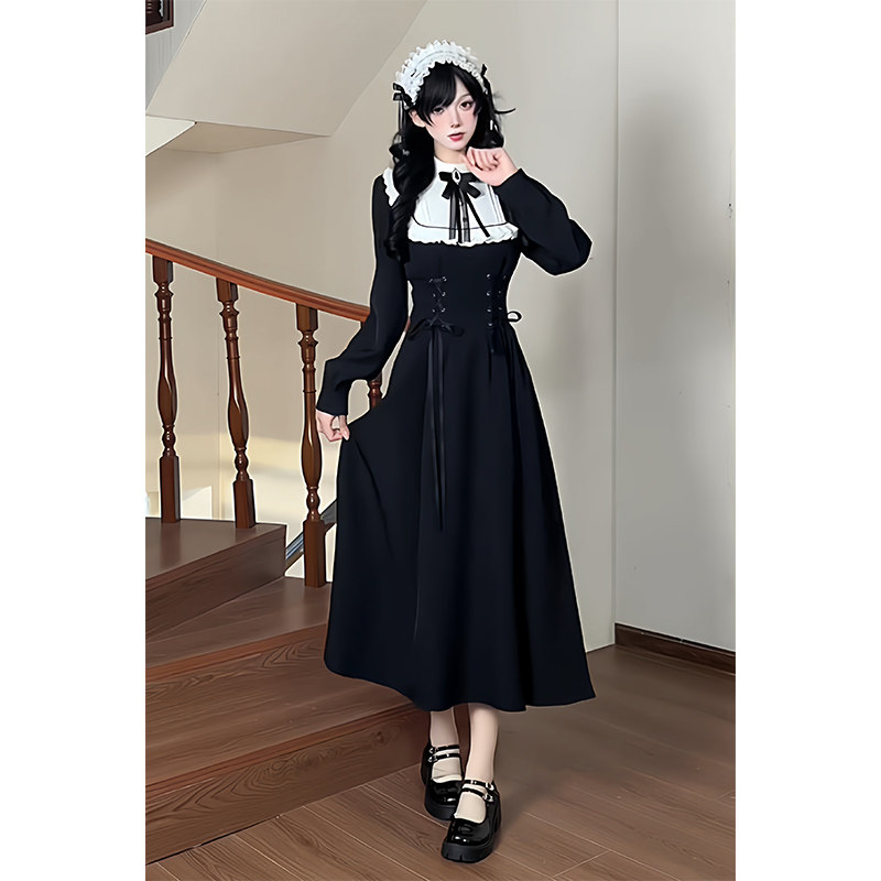 黑白清楚系日系优雅哥特暗黑系千金大小姐收腰显瘦连衣裙量产型