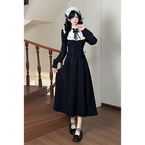 黑白清楚系日系优雅哥特暗黑系千金大小姐收腰显瘦连衣裙量产型