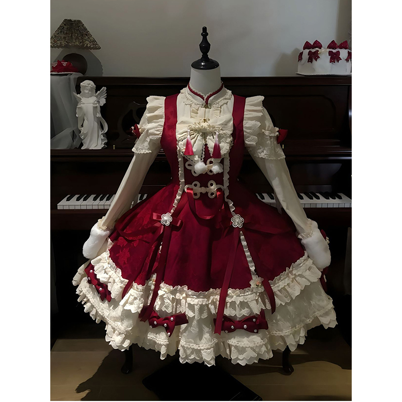 圣诞新年战袍甜美红色Lolita裙秋冬少女感旗袍洛丽塔公主裙日常
