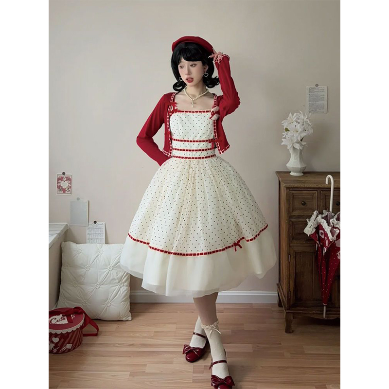 波点甜心Lolita裙酒红色开衫吊带波点蓬蓬洛丽塔连衣裙洛丽塔秋冬