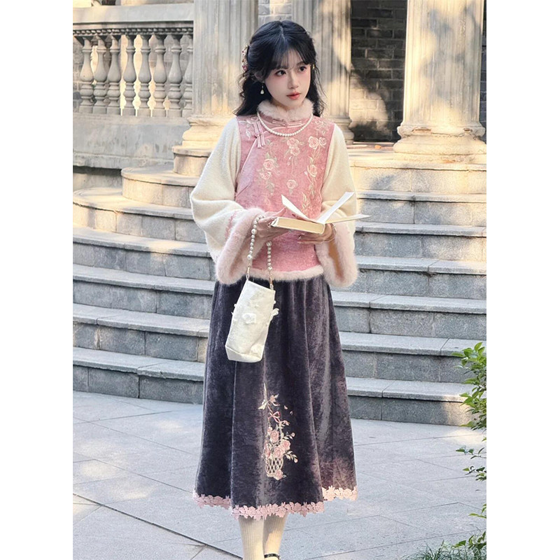 新中式绣花倒大袖加绒上衣伞裙毛绒保暖国风汉服汉元素套装冬季