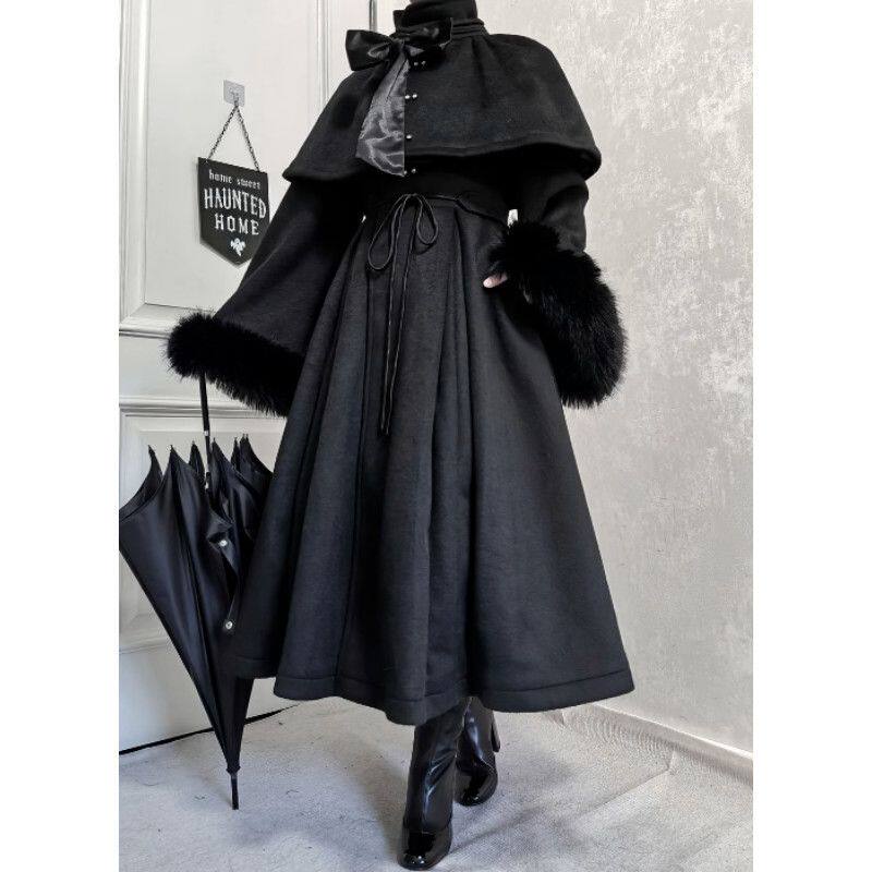 日系哥特黑色设计感斗篷收腰大衣两件套冬季洛丽塔lolita外套优雅
