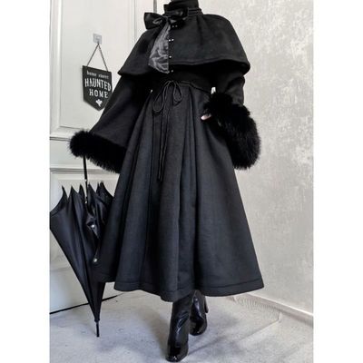 日系哥特黑色设计感斗篷收腰大衣两件套冬季洛丽塔lolita外套优雅