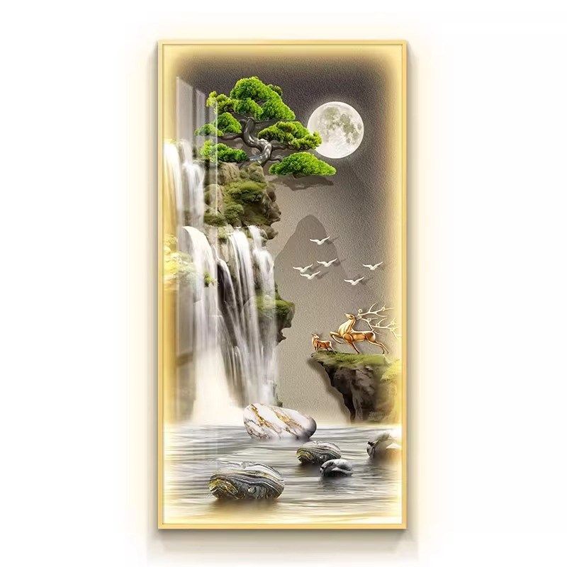 流水生财山水画玄关装饰画迎客松进门入户挂画带灯走廊过道壁灯画