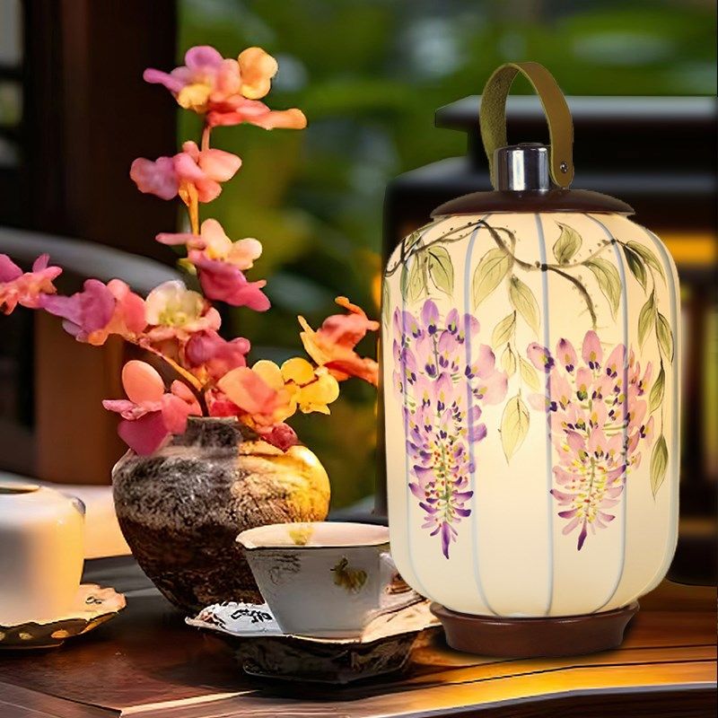 中式充电台灯仿古手绘画花鸟图灯罩书房床头灯民宿户外露营手提灯,家装灯饰光源,装饰台灯,淘宝优惠券,粉丝福利购,淘宝优惠卷
