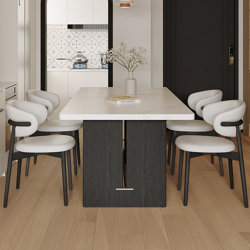 哑光下挂岩板现代简n约餐桌椅组合小户型复古高级白色长方形中古