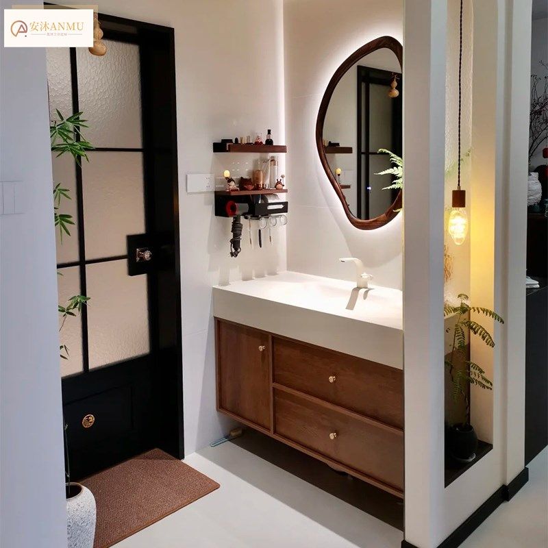 中古风可丽耐一体盆骨骼线烤漆实木异形智能镜子浴室柜组合洗漱台