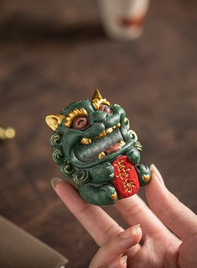 中式国潮文创瑞兽醒狮笔搁t笔架书房桌面摆件净心喜乐一对礼盒装