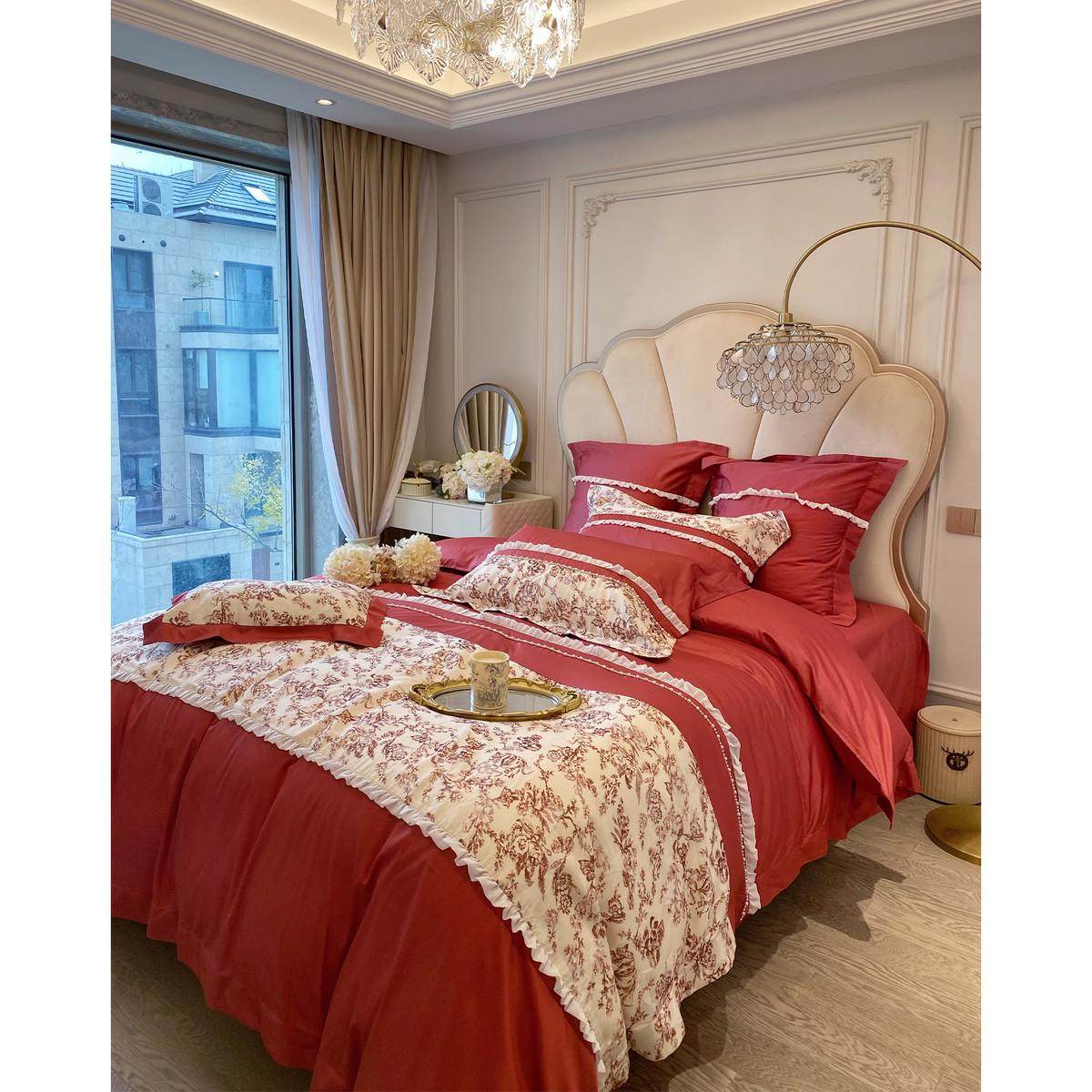法式全棉印花新婚庆四件套全棉100支长绒棉红色结婚被套床单床笠,床上用品,婚庆床品套件,淘宝优惠券,粉丝福利购,淘宝优惠卷