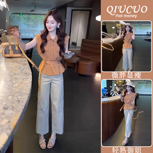 RIERA独特漂亮夏装巨好看的韩系收腰南瓜色上衣+九分裤子高级感两