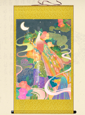 速发花开富挂孔雀图贵画客厅装关玄饰丝绸画国画花鸟图卷轴画可