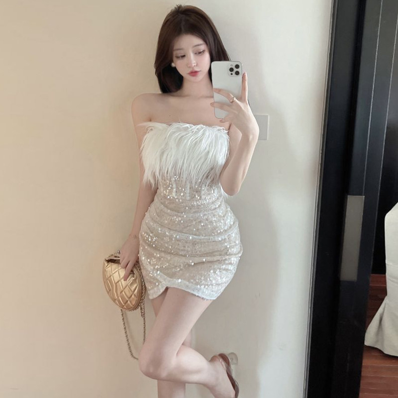 速发高级性感流苏一字领抹收亮片连衣裙胸腰不规则短款宴会礼服裙