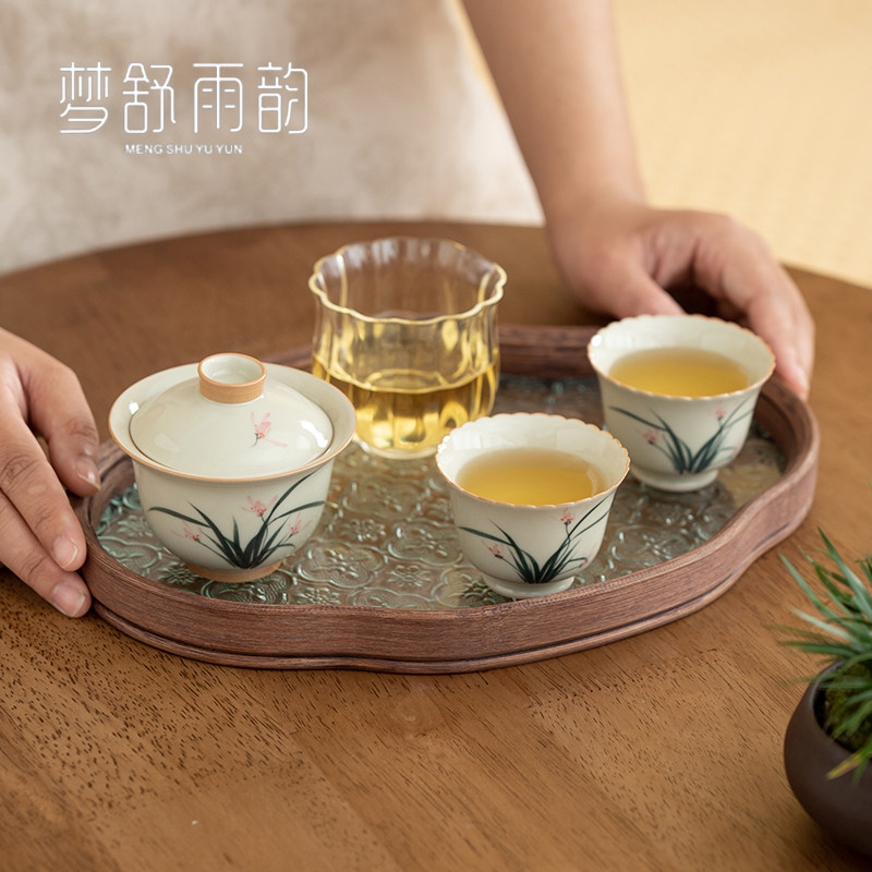 速发草木灰夫绘茶花盖碗套组釉下彩兰壶茶杯功手干泡茶盘功夫茶具
