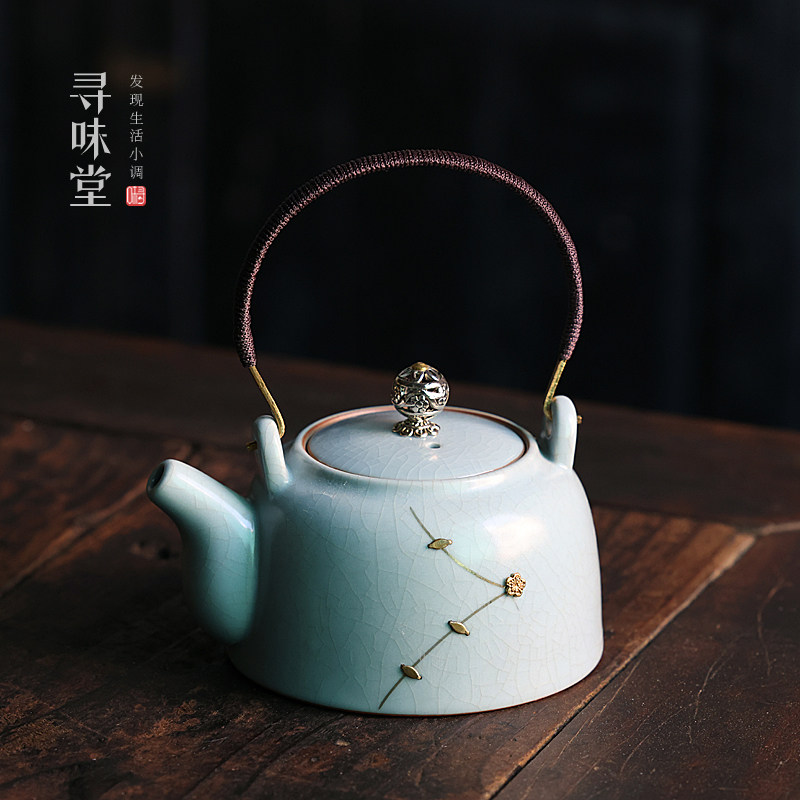 速发复李汝窑古钉提梁壶高档开片汝瓷茶壶锔辉熠手工陶瓷功夫茶