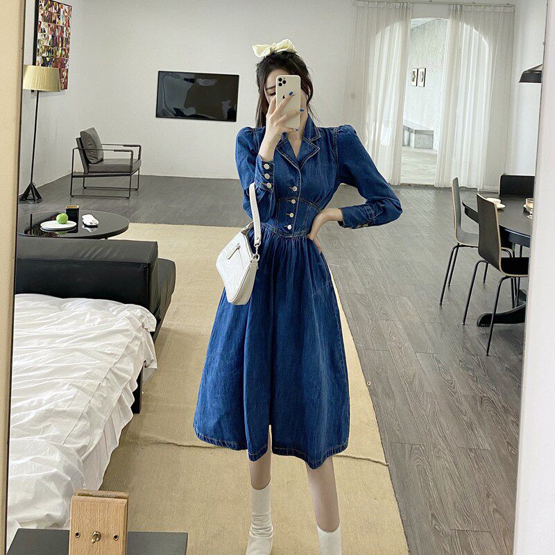 速发减龄气新法式中长款牛仔连秋裙衣冬质款大码露背收腰蓬蓬裙