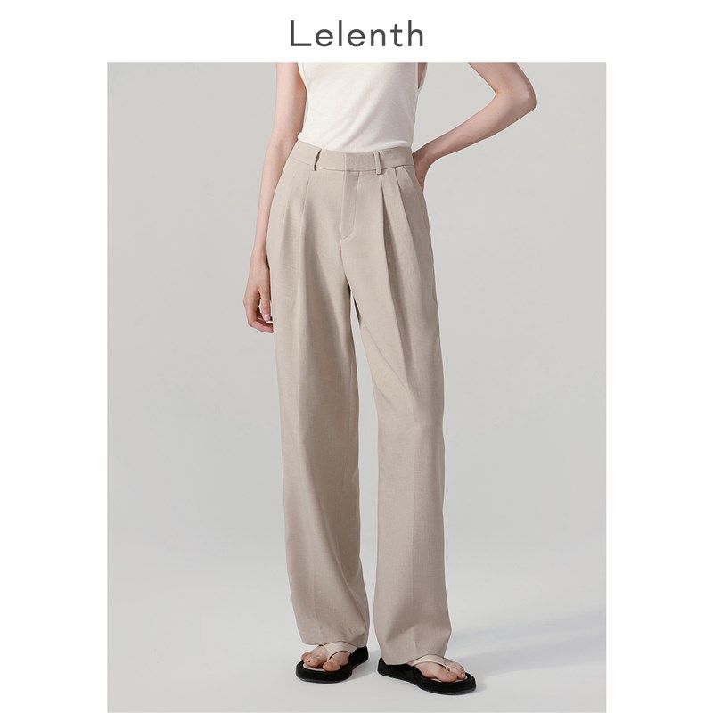 速发布伦斯莱卡其色休设裤夏垂感直筒裤闲计感双褶阔腿西裤