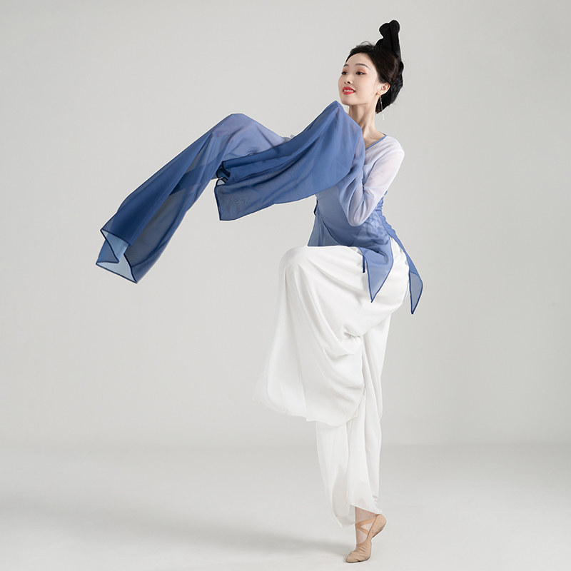 速发中练舞 国风戏曲水练系带水袖纱衣袖功服上衣舞蹈服国功服 表