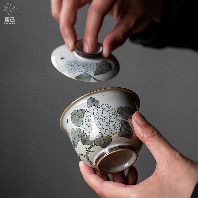 速发釉上中绣球花粉引盖碗彩式复古陶瓷泡茶碗家用茶夫功具泡