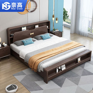 极速奈高NAIGAO实木q床北欧双人床通用主卧床高奢储物含灯高箱款