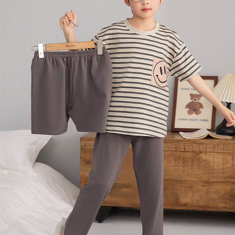 新品儿童睡衣男童三件套短袖长裤春秋纯棉薄款中大童X男孩青少年