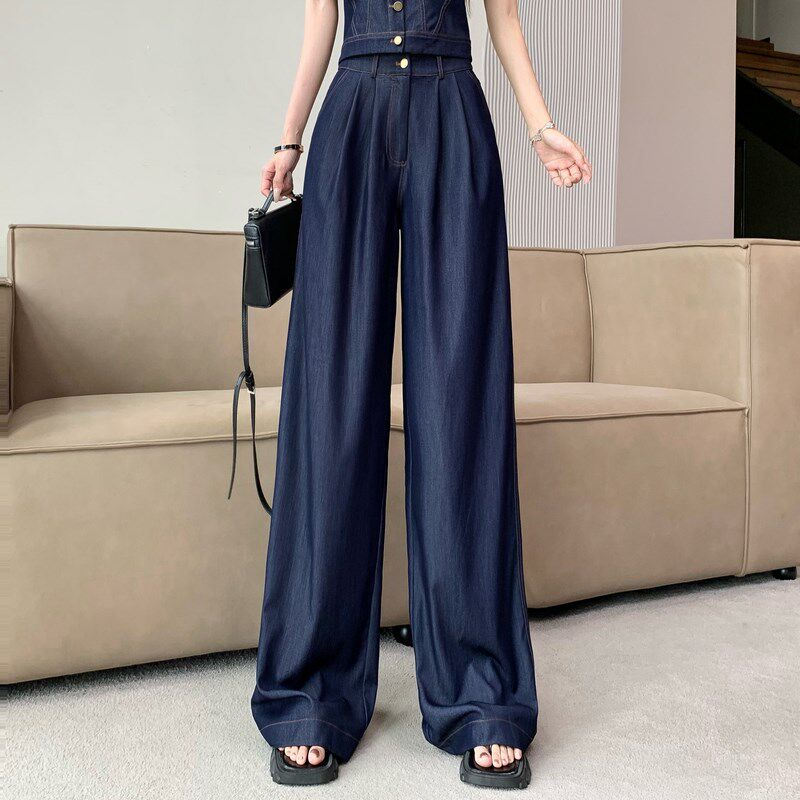 新品复古牛仔套装女2025新款夏B季时尚一字领短上衣高腰阔腿裤两