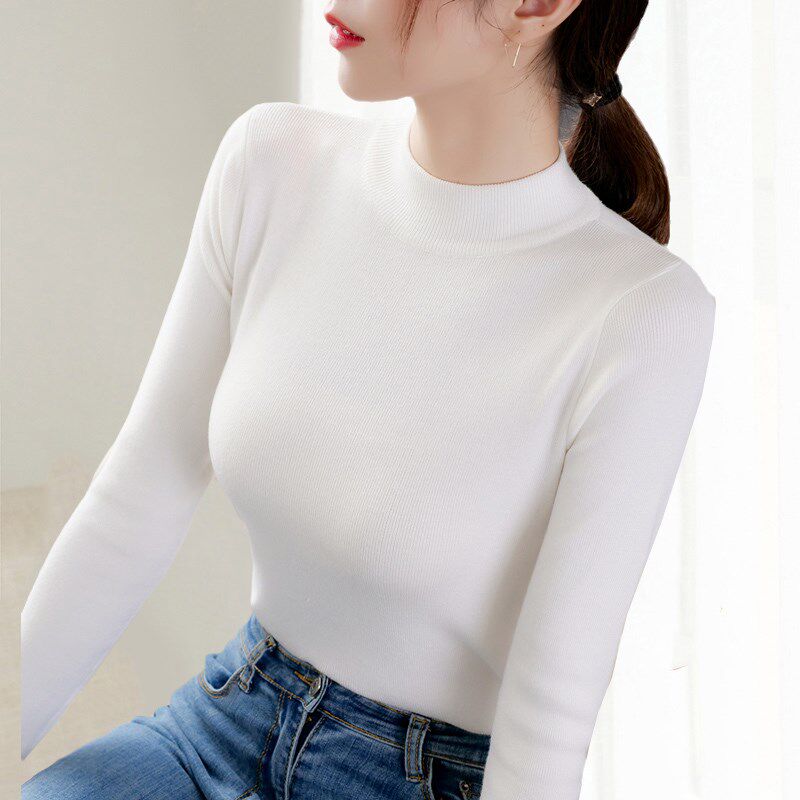 新品半高领针织衫女2024秋冬新款黑色H修身内搭洋气毛衣长袖打底