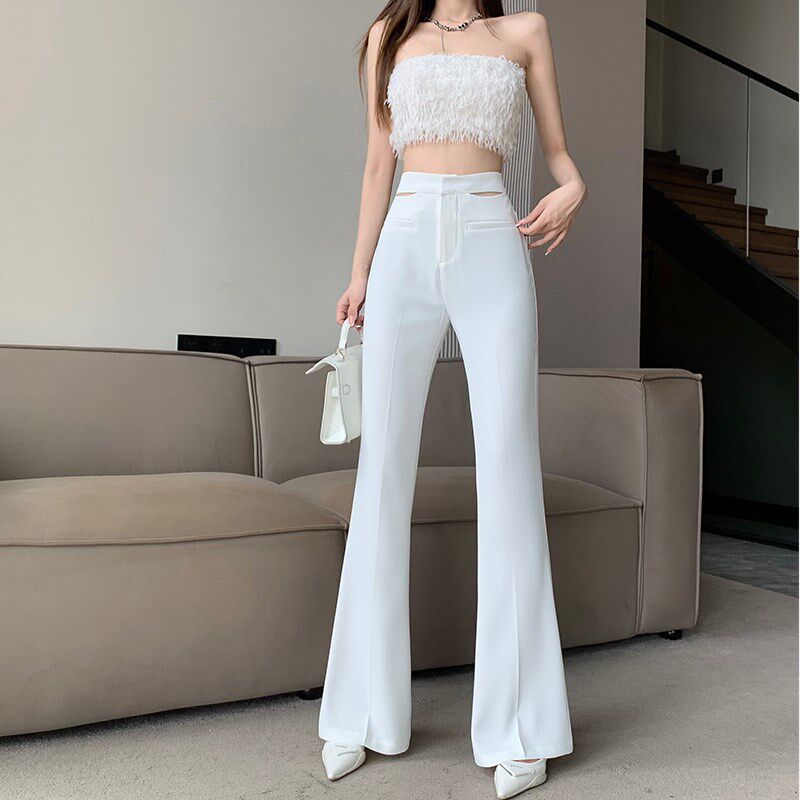 新品白色微喇西装裤子女夏季薄款性感镂空高腰Q阔腿裤垂坠感休闲