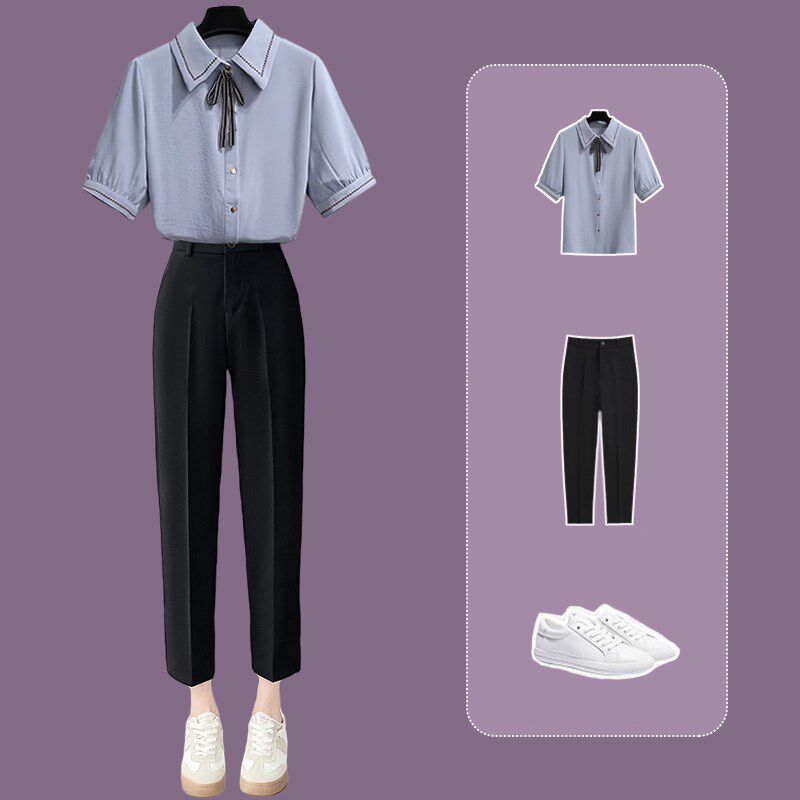 新品教师面试f套装女夏公务员教资职业正装短袖衬衫配西装裤小个
