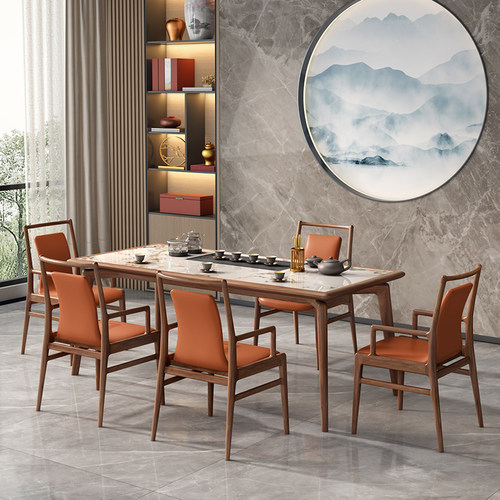 极速新中式黑胡桃木茶桌椅组合 阳D台实木轻奢岩板茶桌办公桌一体