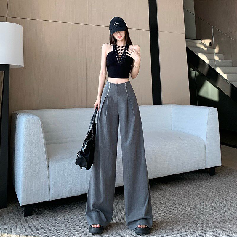 新品灰色西装阔腿裤女宽松直筒春季设计感拉链拼接高腰.裤垂感拖