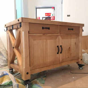 美式 实木厨房带柜门中岛台备餐台可移动大理石餐边柜复古橱柜碗柜