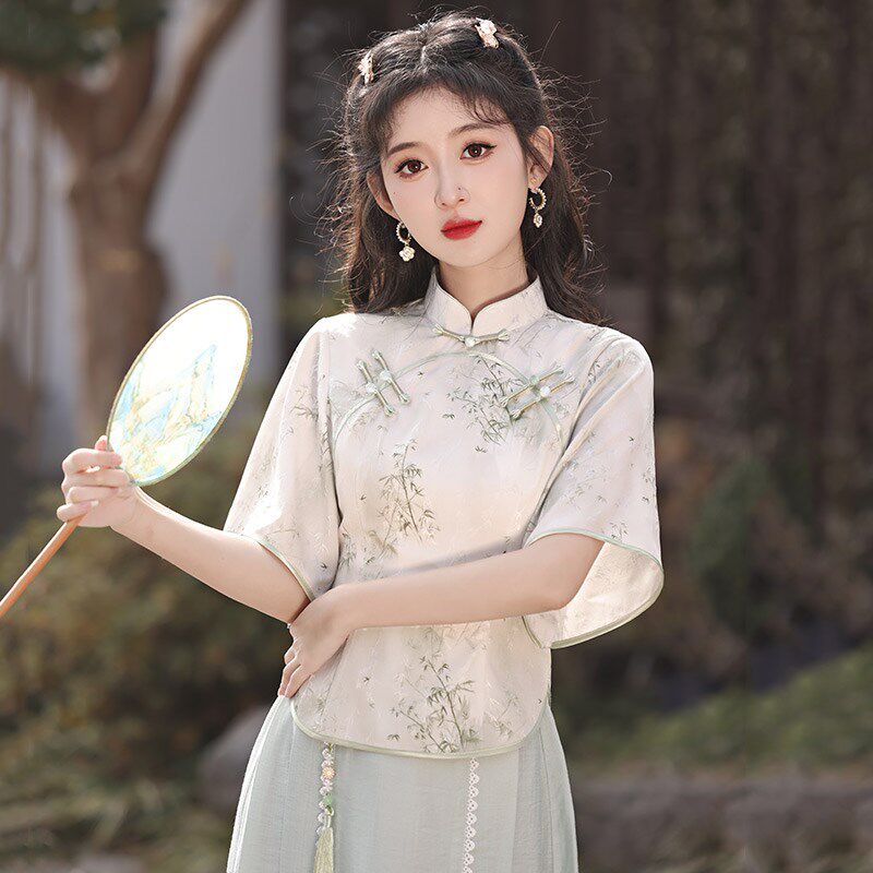 新品民国风女装短款旗袍上衣复古中袖H茶服唐装女中国风套装两件