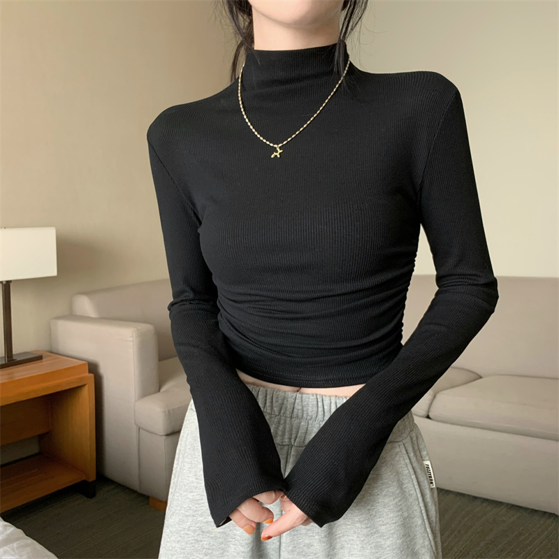 极速灰色半高领打底衫q女秋冬高级感针织衫内搭修身上衣褶皱长袖T
