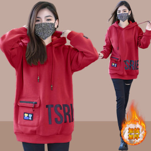 新品2023秋冬季新款中长款x卫衣女士连帽洋气加绒加厚爆时尚小个