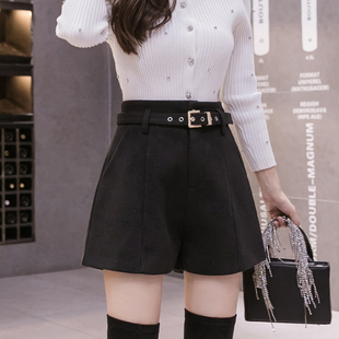 新品毛呢短裤女2023新款秋冬季款高腰H外穿加厚宽松休闲冬天a字阔