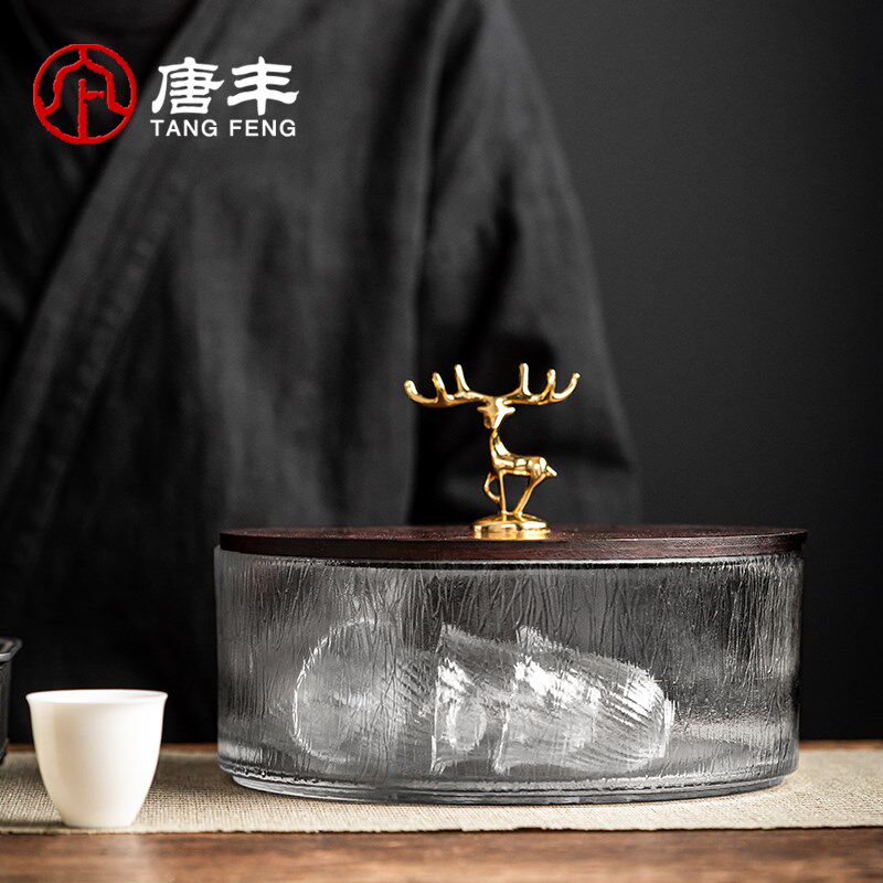 新品玻璃茶洗带盖防尘o家用大容量功夫茶具收纳碗创意锤纹水洗杯