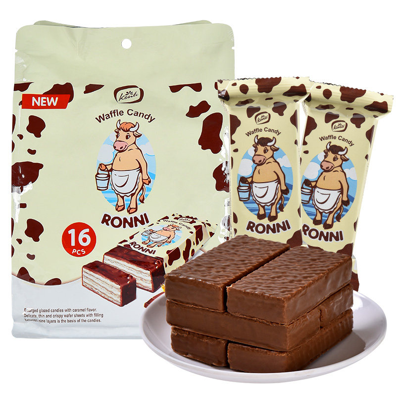 俄罗斯进口大奶牛巧克力威化饼干散装konti康吉牌牛奶零食品500g