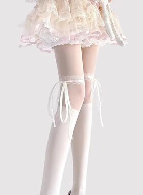 Lolita绑带连裤袜女薄款可爱芭蕾风蝴蝶结蕾丝白色拼接丝袜防勾丝