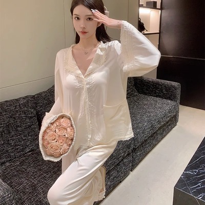 速发宫廷风真丝睡衣女春秋款长袖2023新款甜美高级感桑蚕丝家居服