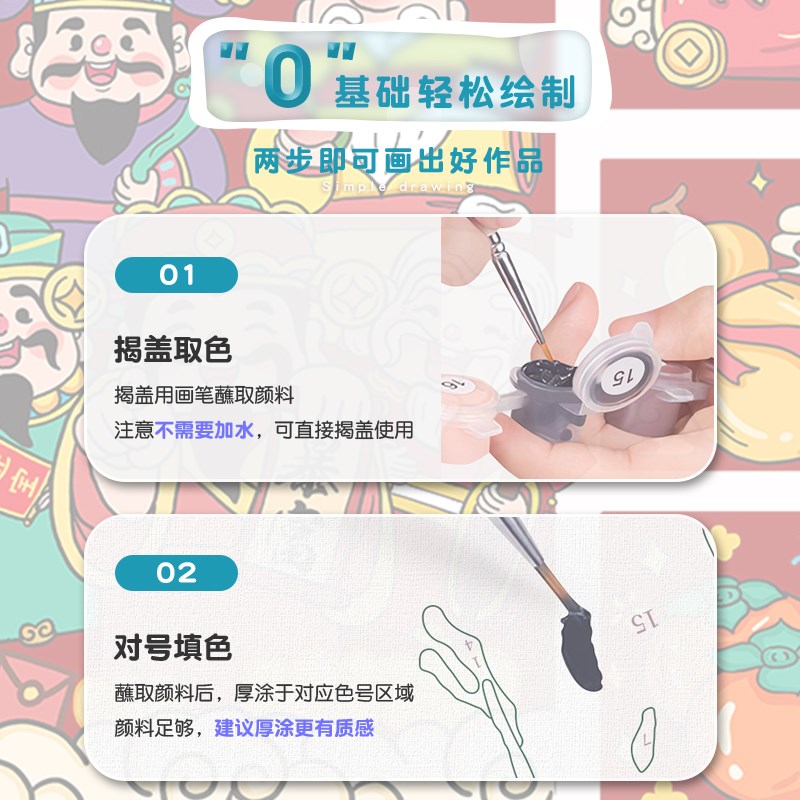 新品五福临门数h字油画diy财神卡通解闷手工填色丙烯油彩画画2024
