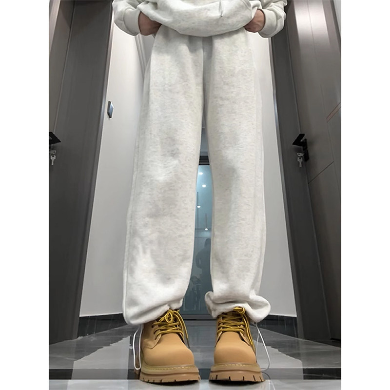 重磅花灰色卫裤美式束脚搭配马丁靴的裤子男款秋冬加W绒直筒运动